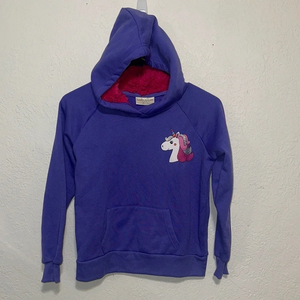 Bobbie Brooks Girls Purple Unicorn Hoodie Pink Sherpa Lined Hood Size L 10/12
